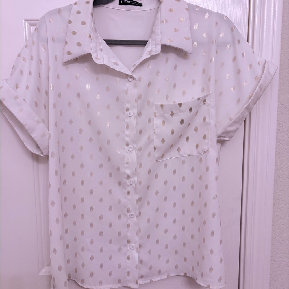 Cream Button Down Blouse Gold Foil Dots | Casual Chic Short Sleeve Top Large